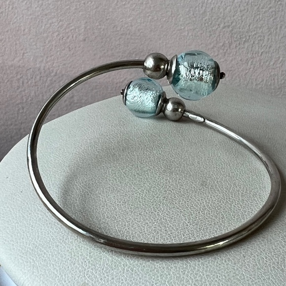 VINTAGE STERLING SILVER COIL WRAP CUFF BRACELET FROSTED AQUA BLUE MURANO GLASS - Picture 10 of 16